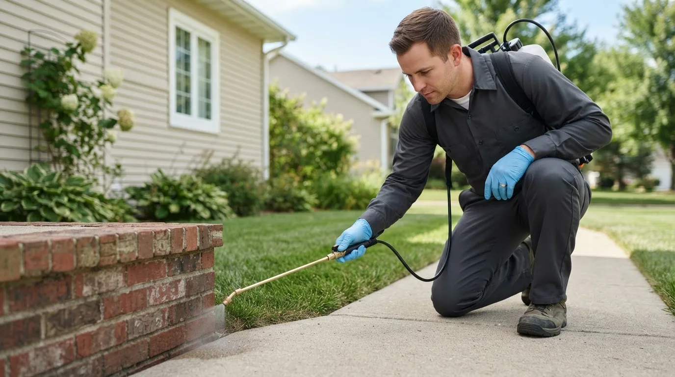 Pest control technician treating a home near Brimley, MI