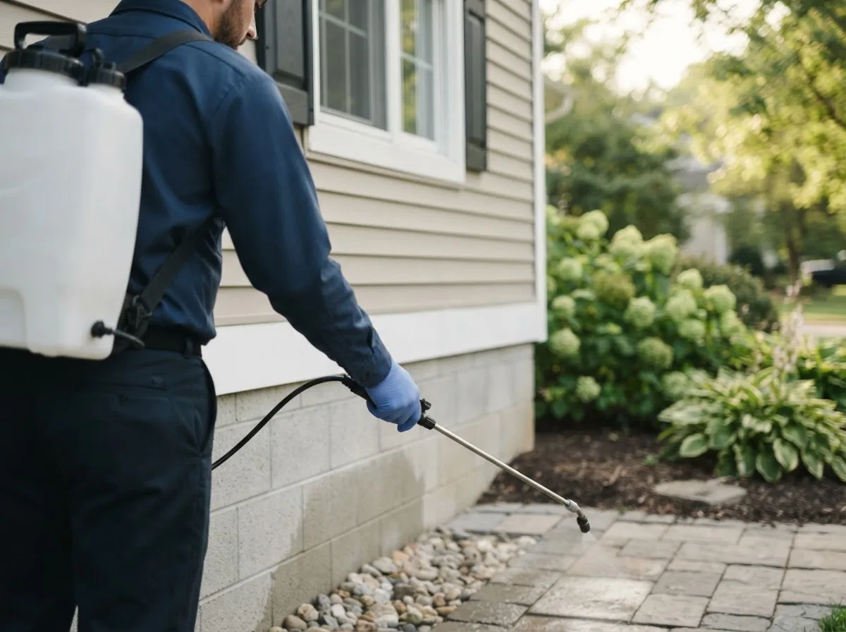Pest control technician inspecting a home in Brimley, MI
